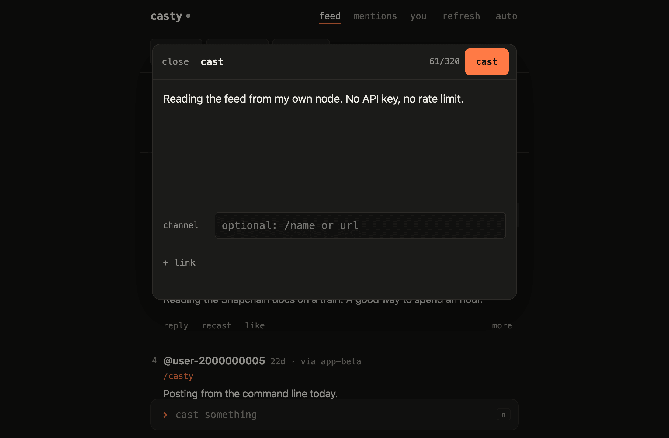 a new cast, from anywhere in the feed with n