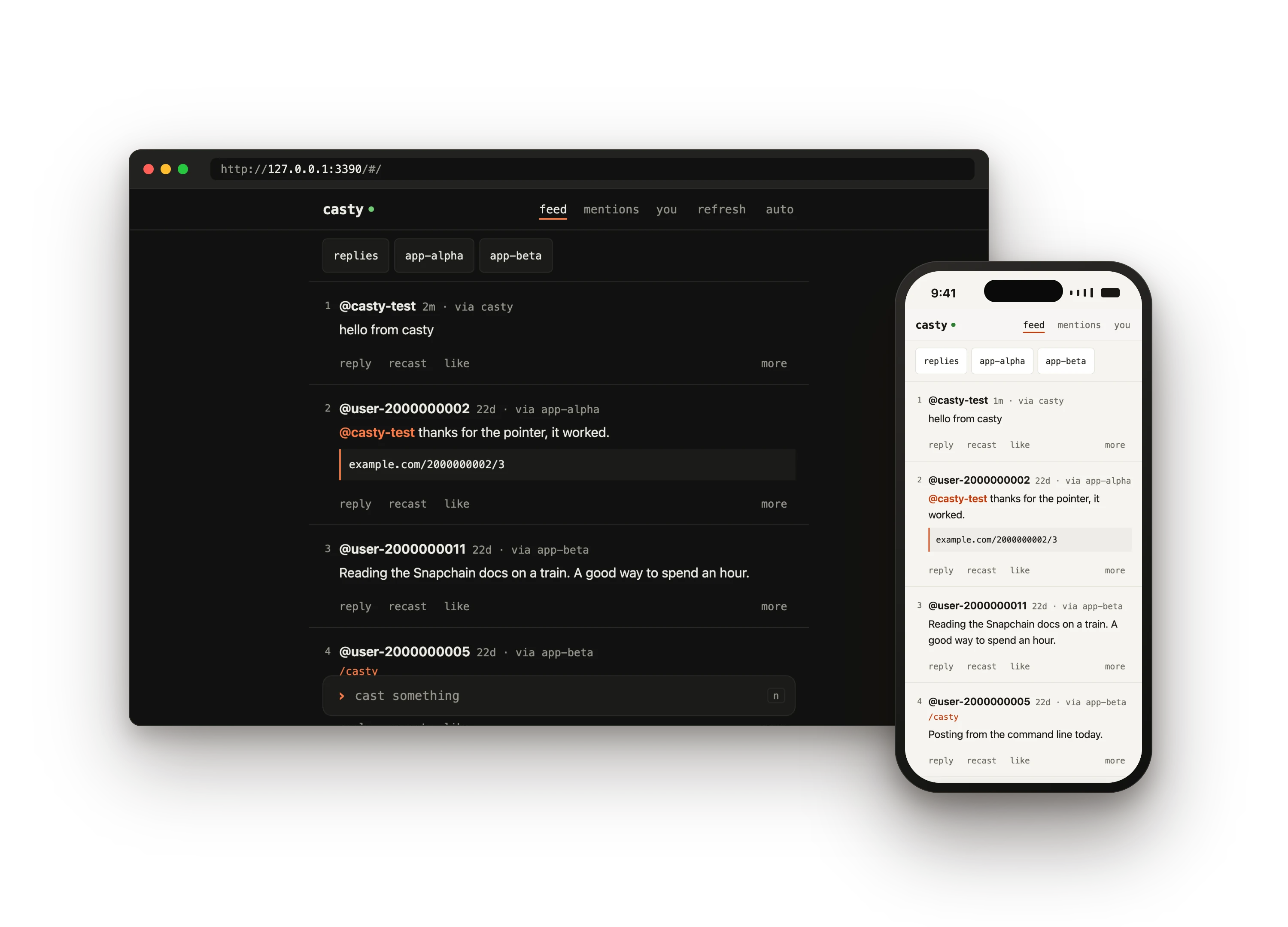casty web on a laptop in the dark theme and on a phone in the light theme