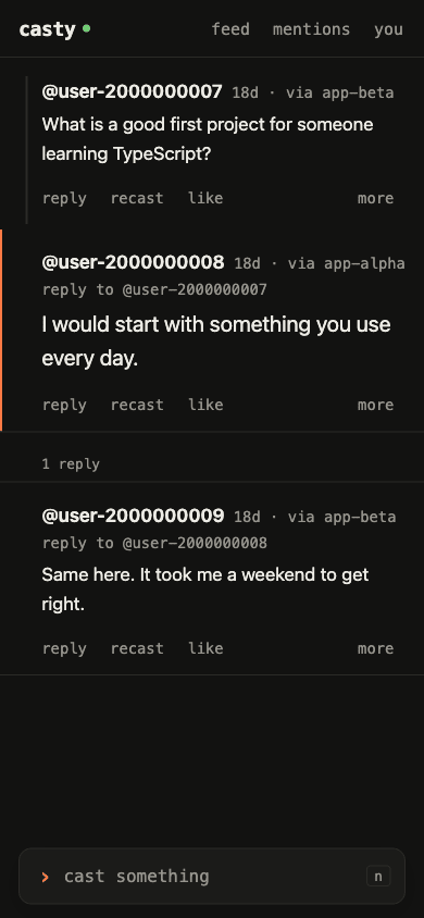A cast in the dark theme, with the cast it answers above it and its reply below
