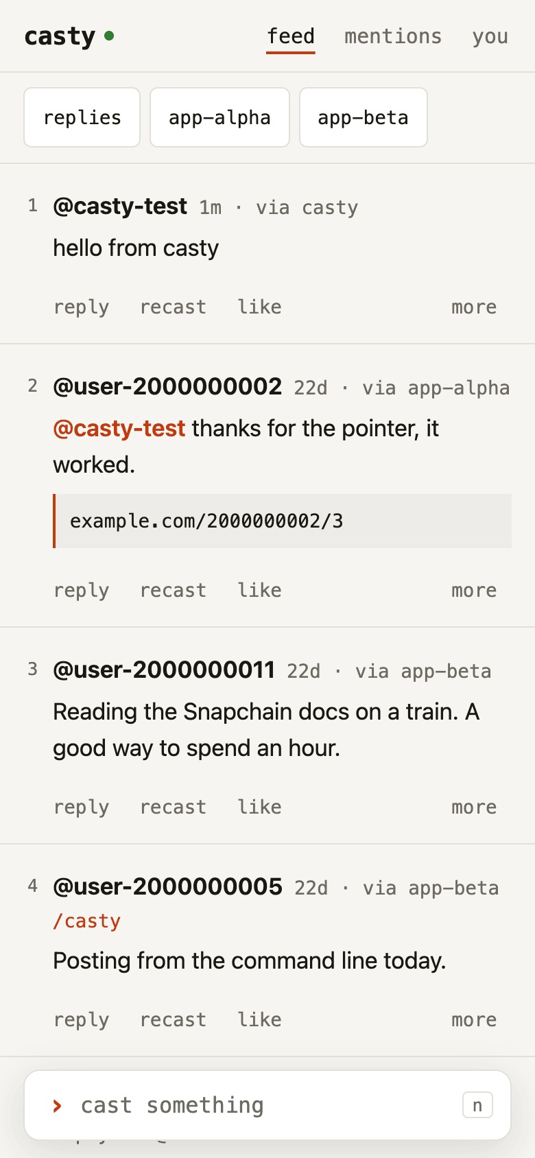 The feed on a phone in the light theme: numbered casts, the app each came through, reply, recast and like as words, and the bar for a new cast at the bottom